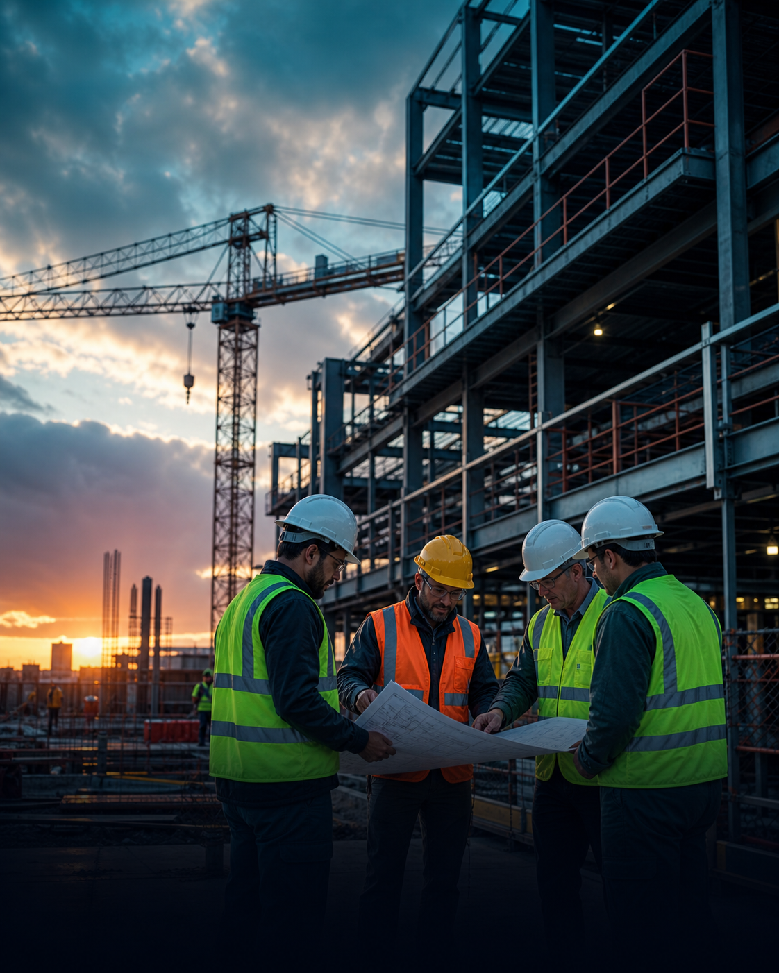 Construction crew reviewing plans at an active commercial jobsite