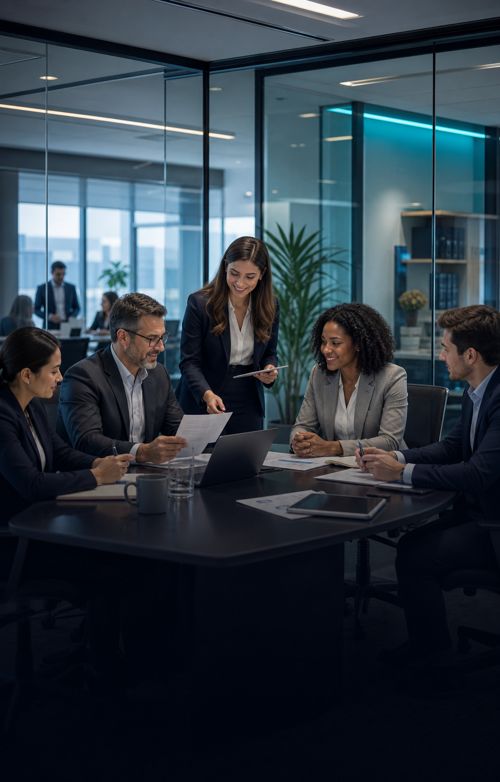 Corporate professionals collaborating in a modern office conference room
