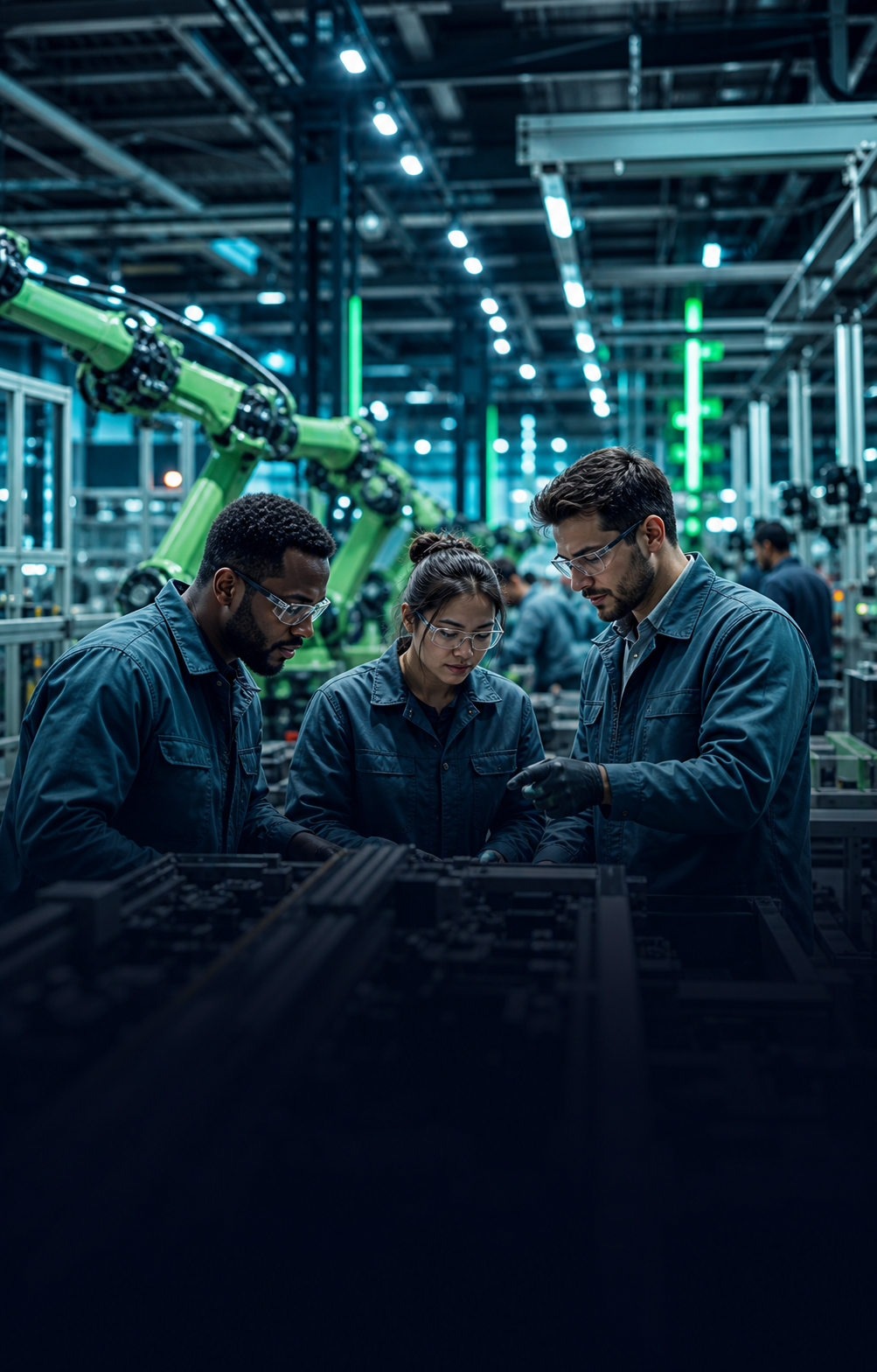 Electronics manufacturing team working on a modern production floor