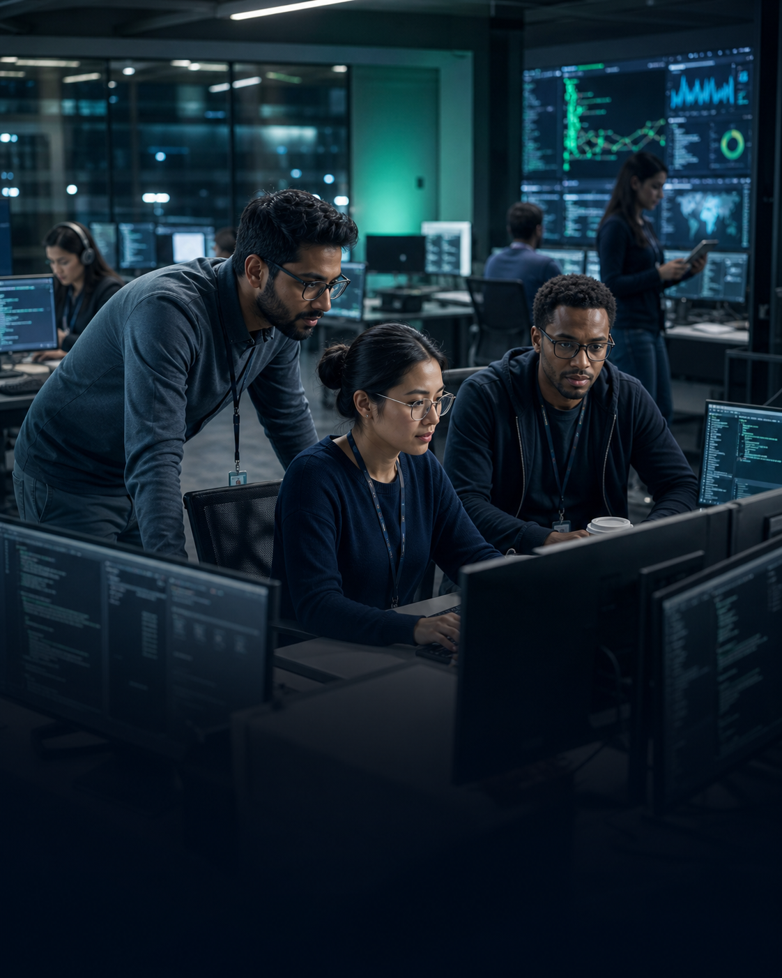 Technology professionals working in a cyber security operations environment